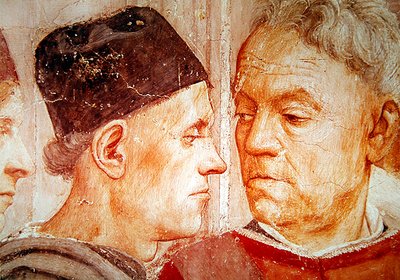 Detail of dignitaries, from the Raising of the Son of Theophilus, and St. Peter Enthroned as First Bishop of Antioch, c.1427 and c.1484-85 by Tommaso Masaccio